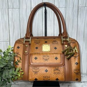 MCM Vintage Cognac Visetos Monogram Boston Satchel Bag with Gold Logo Plate
